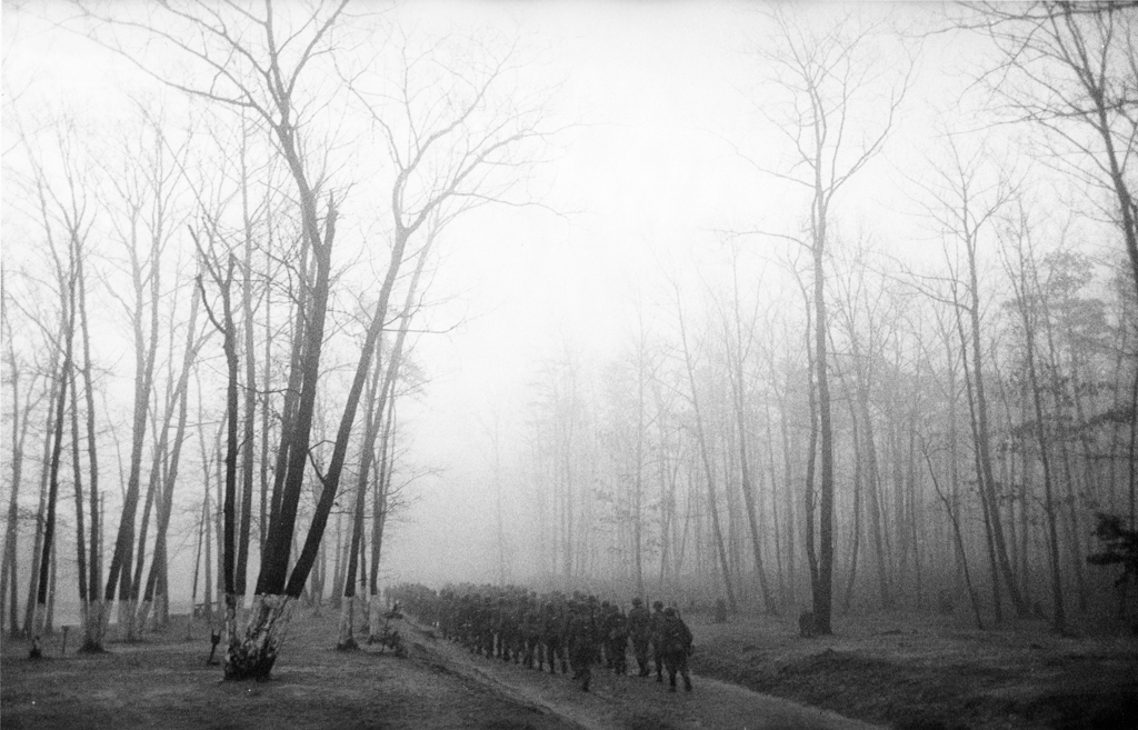 Soldiers marching in mist, 1952. Purchased by Steichen in 1953